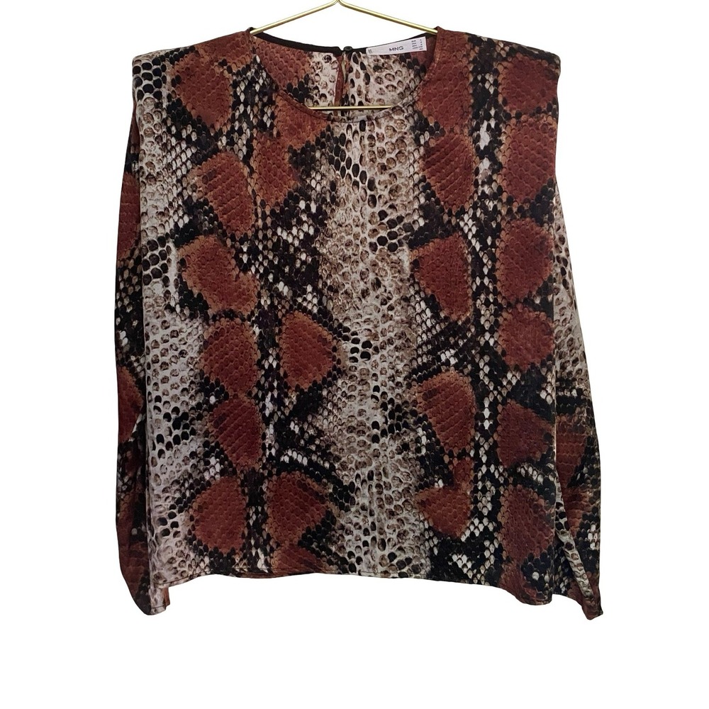 MNG Mango Snake Print Long Sleeve Top Women's Medium Blouse Shoulder Pads